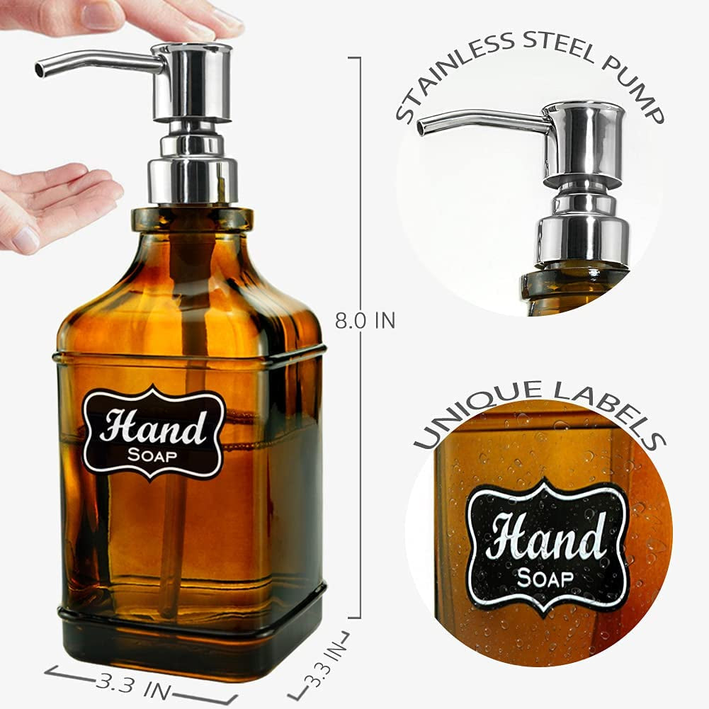 2Pack Paris Style Amber Soap Dispenser with Rust Proof Stainless Steel Pump, Refillable Kitchen Soap Dispenser with 6Pcs Stickers, Premium Hand Soap Dispenser for Kitchen Bathroom (Amber)