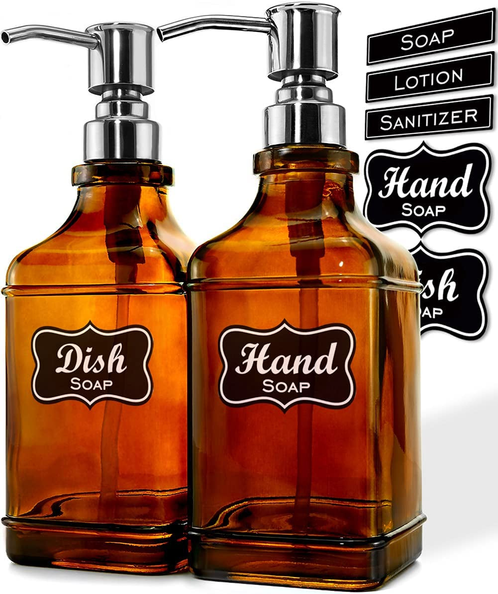 2Pack Paris Style Amber Soap Dispenser with Rust Proof Stainless Steel Pump, Refillable Kitchen Soap Dispenser with 6Pcs Stickers, Premium Hand Soap Dispenser for Kitchen Bathroom (Amber)