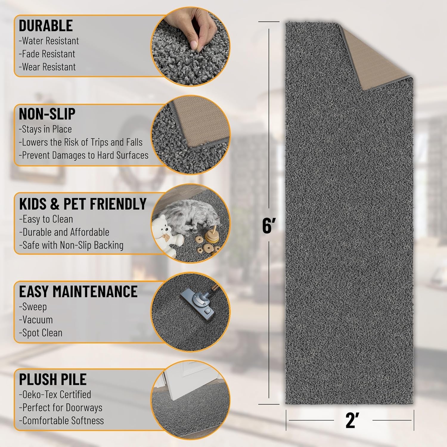 2' X 6' Shaggy Runner Rug - Plush & Cozy Non-Slip Carpet for Bedroom, Living Room, Bathroom & Entryway - Durable & High-Traffic Friendly for Hallways & Dorms, Gray