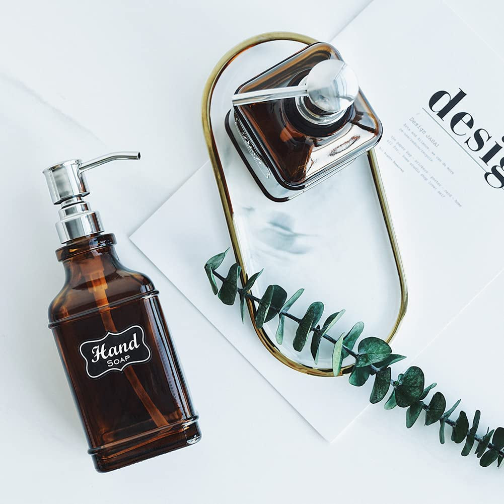 2Pack Paris Style Amber Soap Dispenser with Rust Proof Stainless Steel Pump, Refillable Kitchen Soap Dispenser with 6Pcs Stickers, Premium Hand Soap Dispenser for Kitchen Bathroom (Amber)