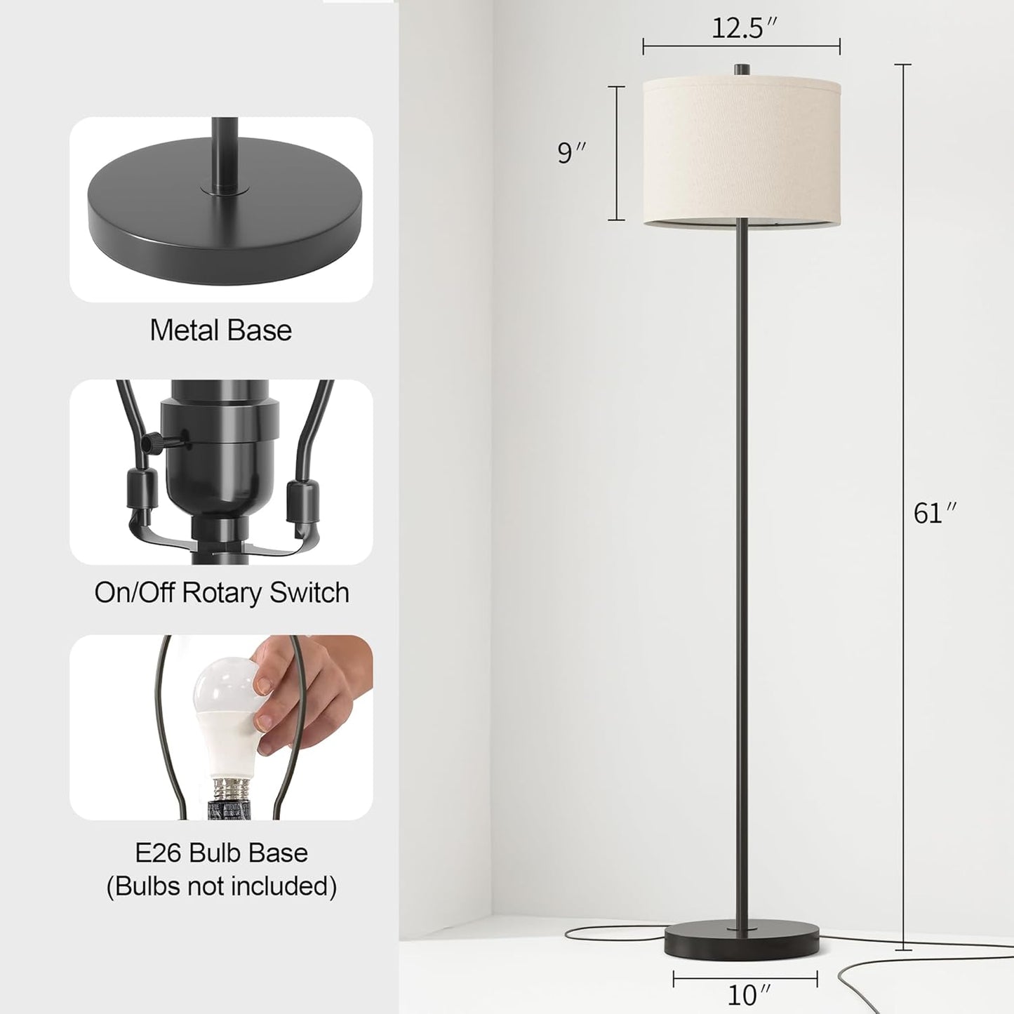 61" Farmhouse Industrial Floor Lamp for Living Room Standing Floor Lamp Rustic Floor Lamps for Living Room Bedroom Tall Lamps with Rotary Switch for Bedroom with Natural Linen Lamp Shade