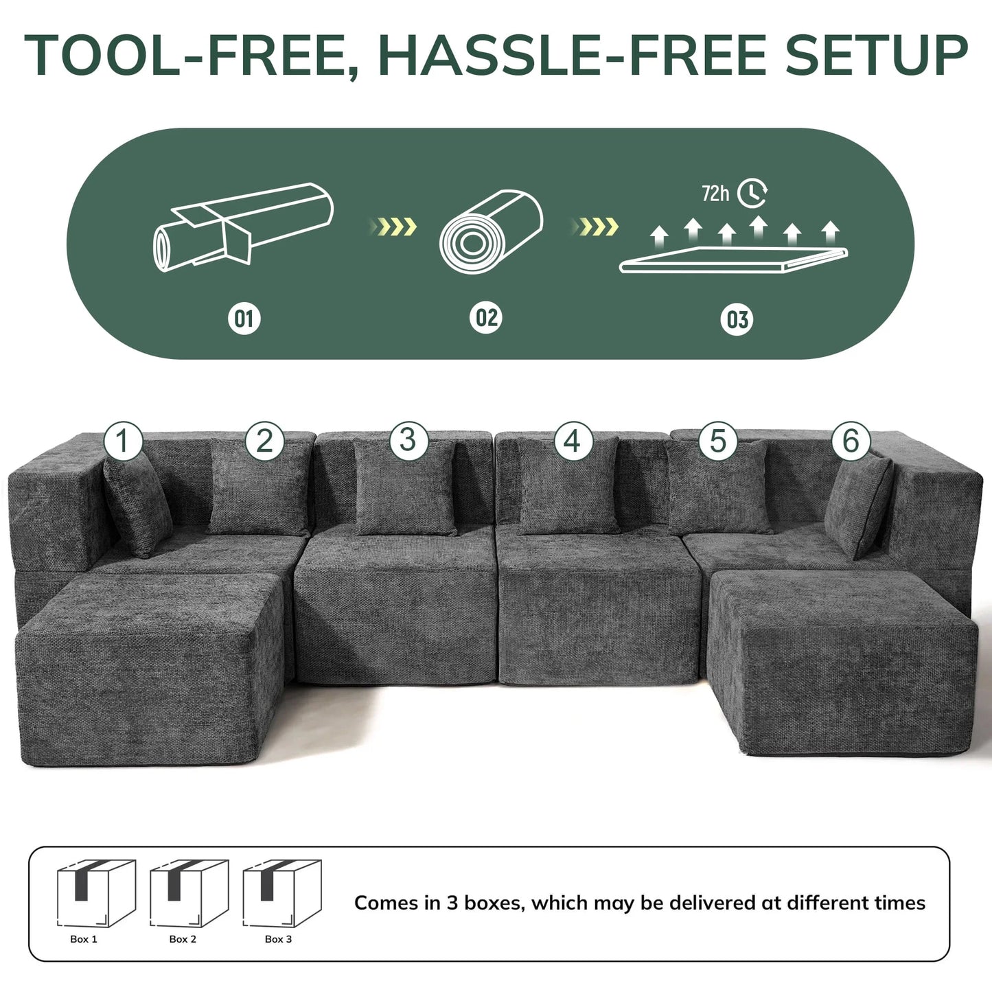 130" Oversized Modular Sectional Sofa for Living Room Furniture, Chenille Cloud Couch with Ottomans, Dark Gray
