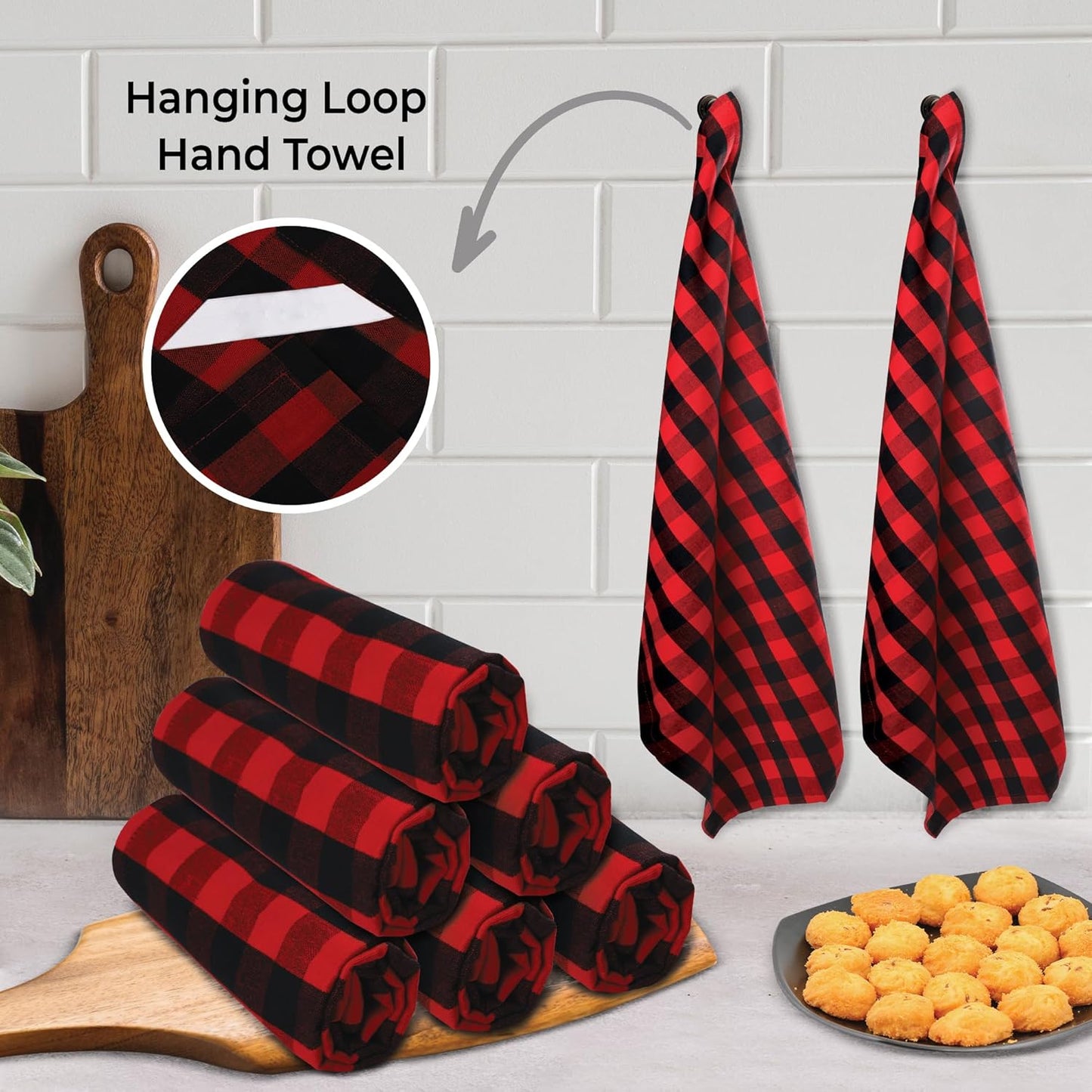Buffalo Checks Kitchen Towels Set of 6 - Red/Black - 20X30 Inches - 100% Cotton - Highly Absorbent - Premium Quality - Ultra Soft - Mitered Corners