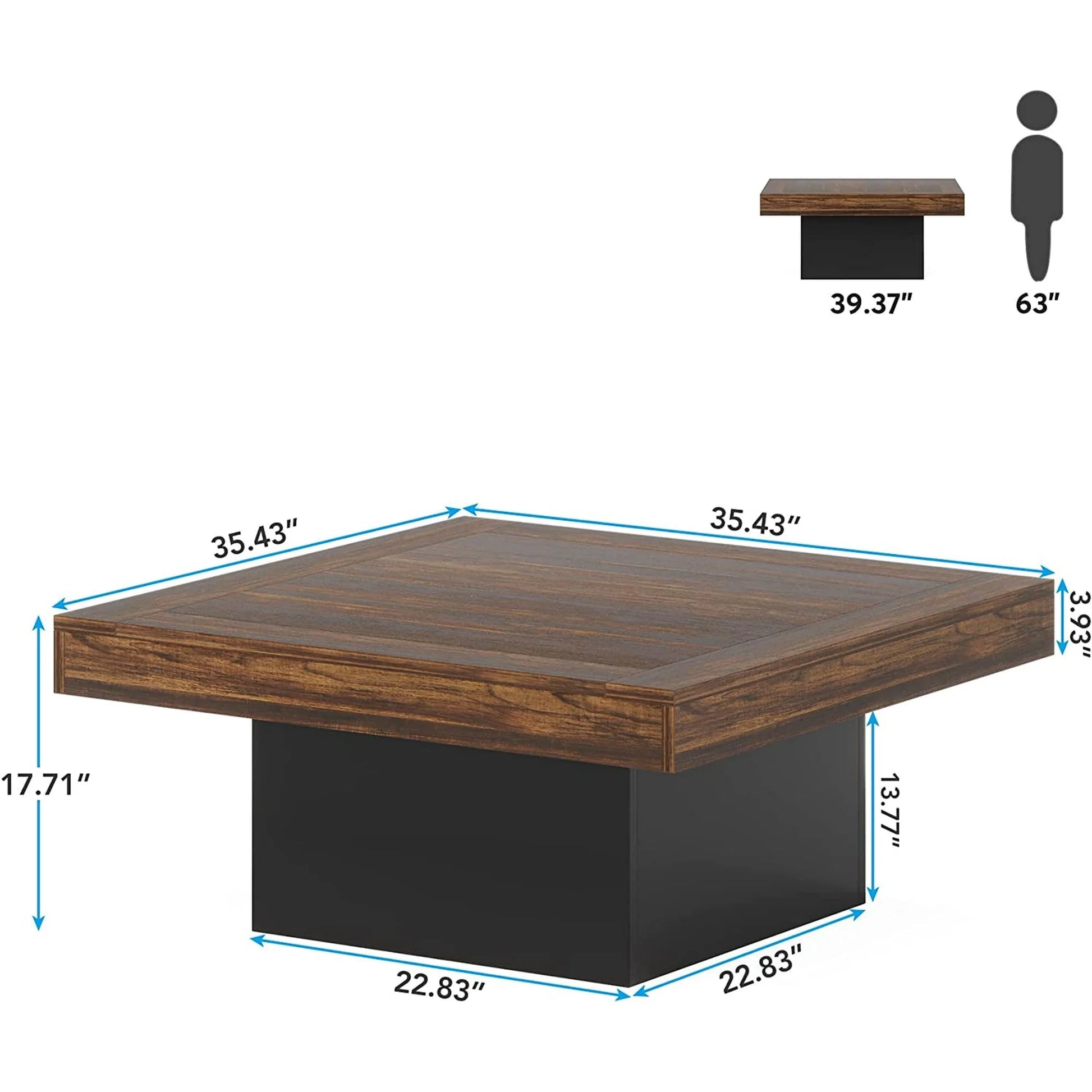 Squeare Coffee Table Modern LED Coffee Table Wood Coffee Table for Living Room Rustic Brown & Black Low Coffee Table
