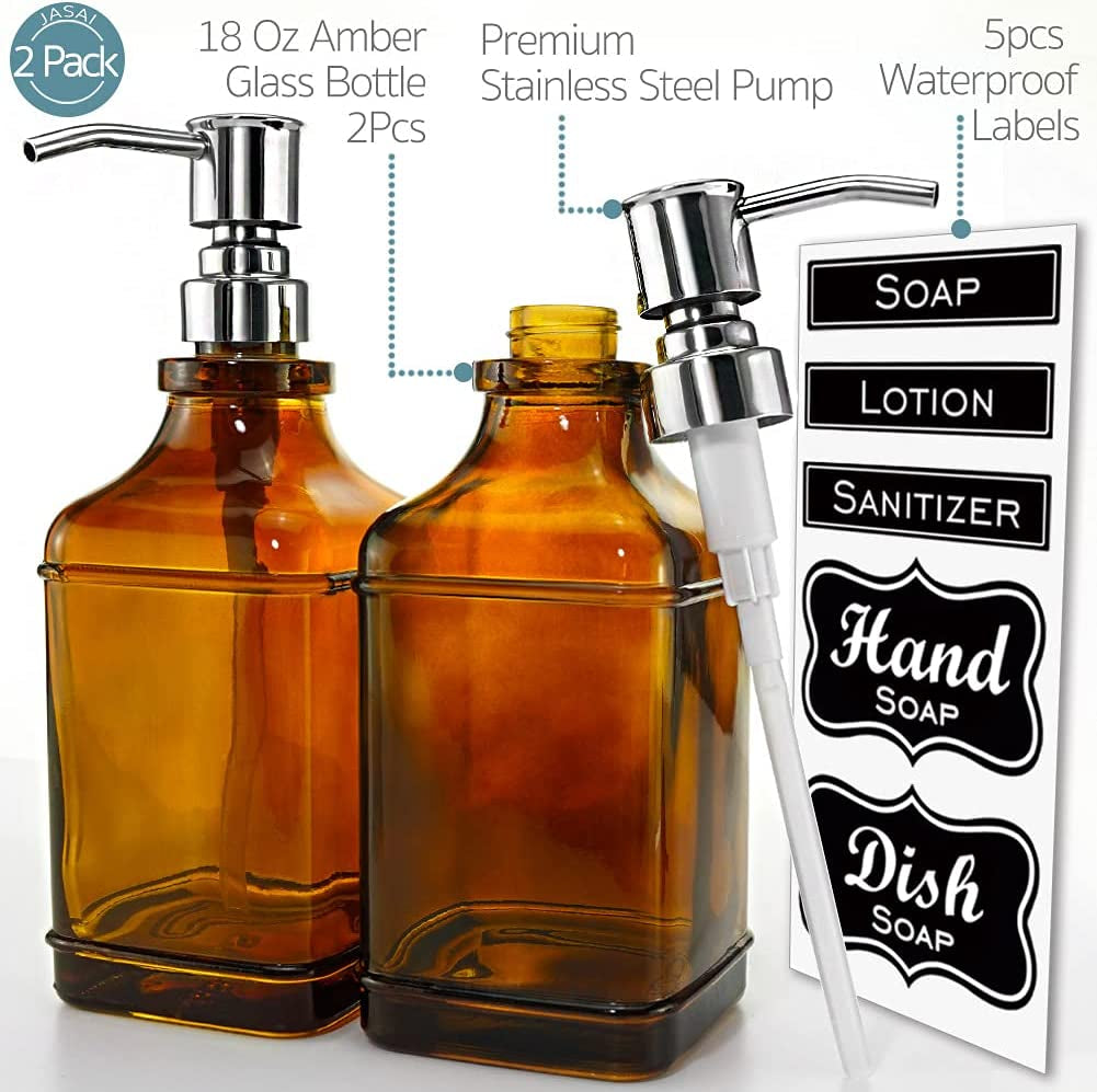 2Pack Paris Style Amber Soap Dispenser with Rust Proof Stainless Steel Pump, Refillable Kitchen Soap Dispenser with 6Pcs Stickers, Premium Hand Soap Dispenser for Kitchen Bathroom (Amber)