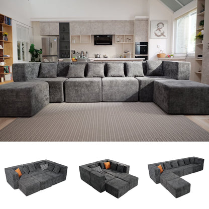 130" Oversized Modular Sectional Sofa for Living Room Furniture, Chenille Cloud Couch with Ottomans, Dark Gray