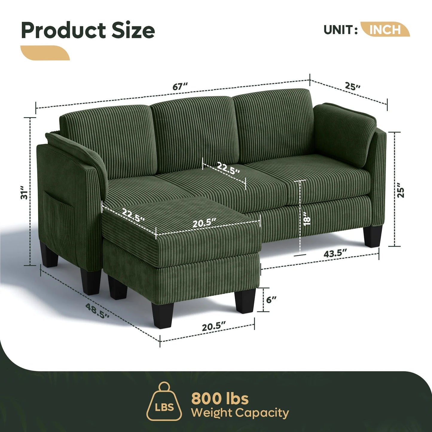 L-Shaped Sectional Couches for Living Room Furniture Sets,Modular Sectional Sofa with Ottaman Storage,High-Rebound Foam with Corduroy Fabric,Green