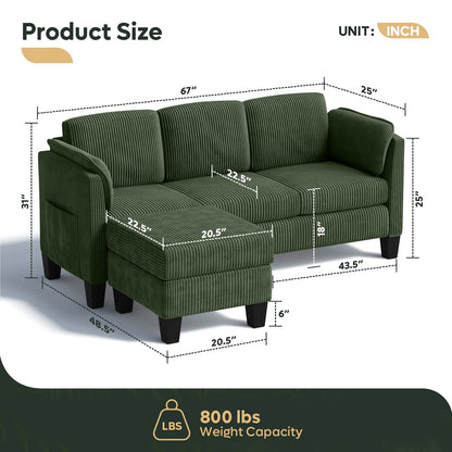 L-Shaped Sectional Couches for Living Room Furniture Sets,Modular Sectional Sofa with Ottaman Storage,High-Rebound Foam with Corduroy Fabric,Green
