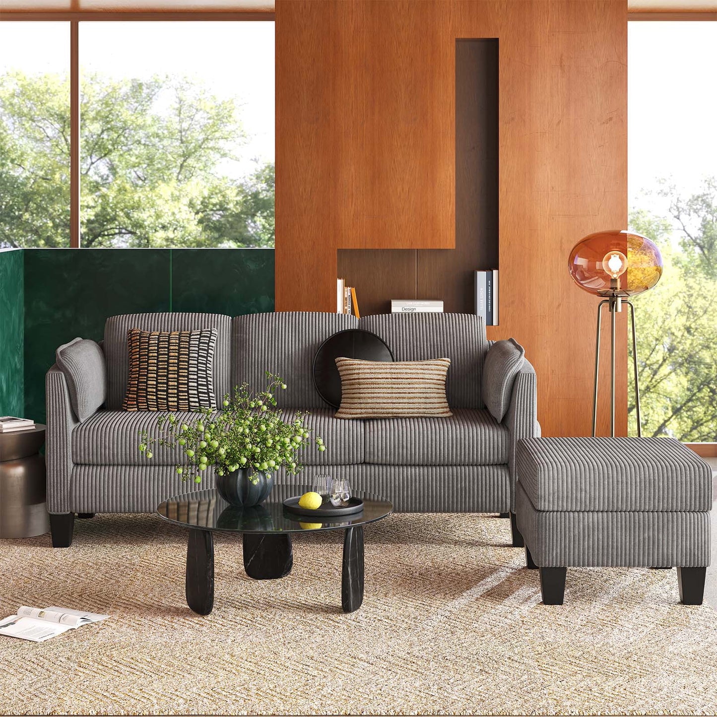 Corduroy Sectional Sofa Couches for Living Room, L-Shaped Modular Small Couch Convertible 3 Seater Sofa with Ottaman Storage,Gray
