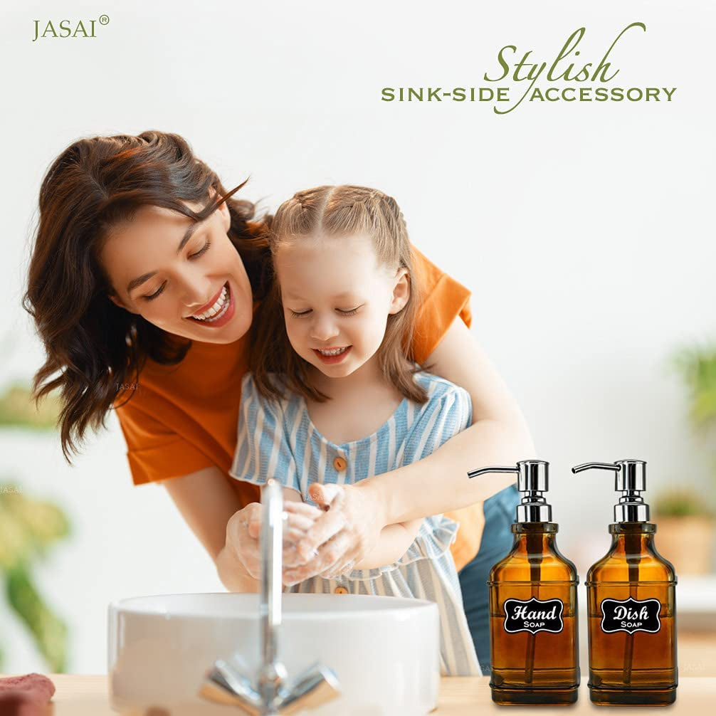 2Pack Paris Style Amber Soap Dispenser with Rust Proof Stainless Steel Pump, Refillable Kitchen Soap Dispenser with 6Pcs Stickers, Premium Hand Soap Dispenser for Kitchen Bathroom (Amber)