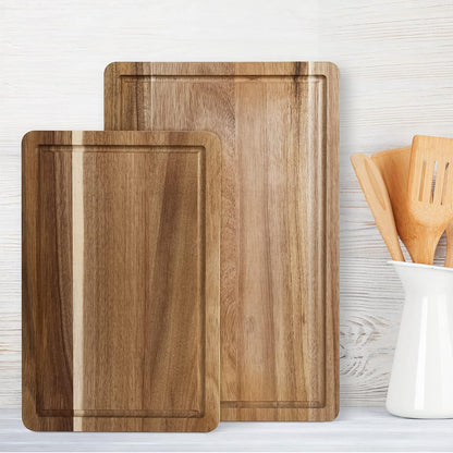 Acacia Wood Cutting Board with Juice Groove & Handles(2 Piece Set), Reversible Chopping Board for Meat(Butcher Block), Vegetables, Fruits, Bread, Cheese