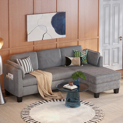 Corduroy Sectional Sofa Couches for Living Room, L-Shaped Modular Small Couch Convertible 3 Seater Sofa with Ottaman Storage,Gray