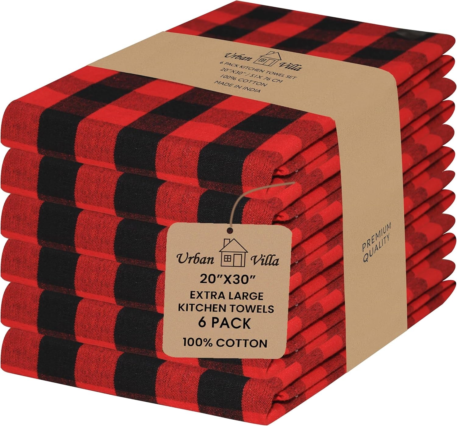 Buffalo Checks Kitchen Towels Set of 6 - Red/Black - 20X30 Inches - 100% Cotton - Highly Absorbent - Premium Quality - Ultra Soft - Mitered Corners