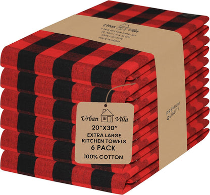 Buffalo Checks Kitchen Towels Set of 6 - Red/Black - 20X30 Inches - 100% Cotton - Highly Absorbent - Premium Quality - Ultra Soft - Mitered Corners
