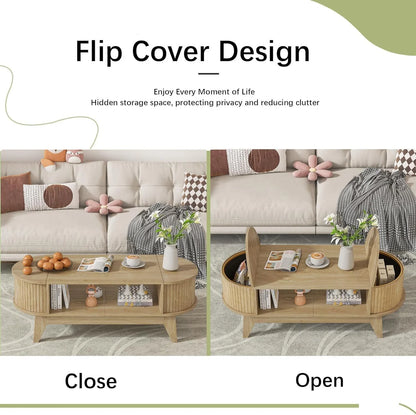 Fluted Coffee Table with Storage, Modern Coffee Tables, Wood Accent Center Table