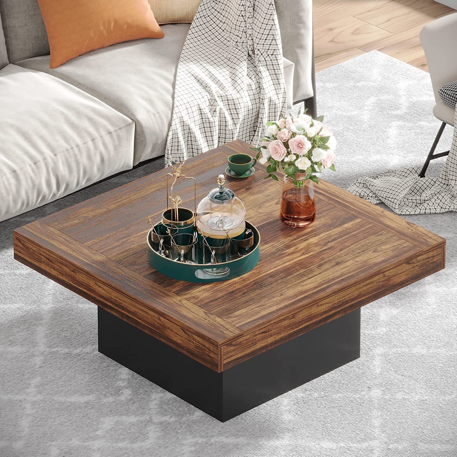 Squeare Coffee Table Modern LED Coffee Table Wood Coffee Table for Living Room Rustic Brown & Black Low Coffee Table