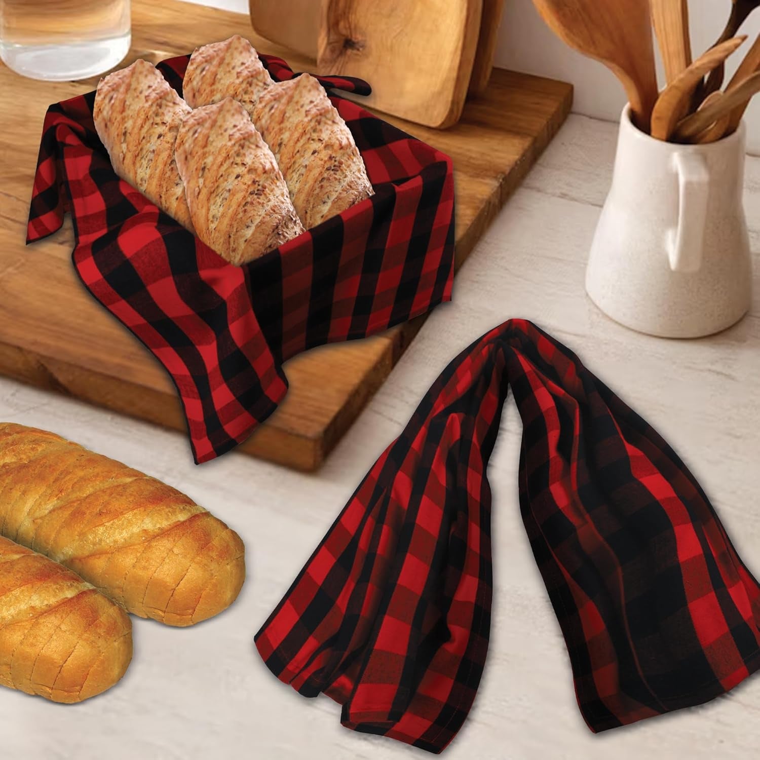 Buffalo Checks Kitchen Towels Set of 6 - Red/Black - 20X30 Inches - 100% Cotton - Highly Absorbent - Premium Quality - Ultra Soft - Mitered Corners