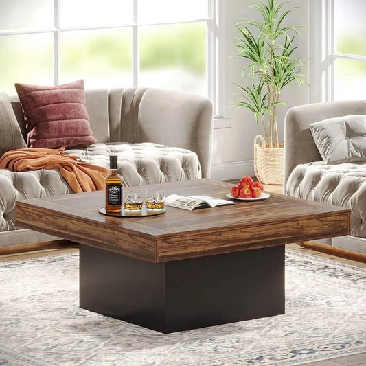 Squeare Coffee Table Modern LED Coffee Table Wood Coffee Table for Living Room Rustic Brown & Black Low Coffee Table