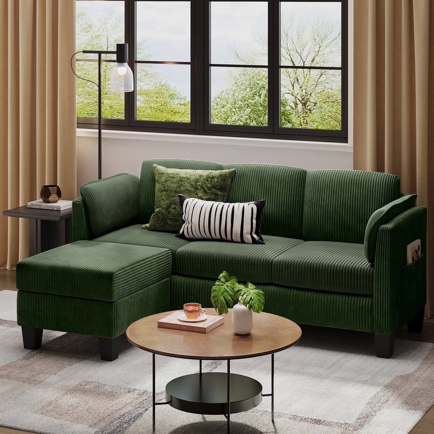 L-Shaped Sectional Couches for Living Room Furniture Sets,Modular Sectional Sofa with Ottaman Storage,High-Rebound Foam with Corduroy Fabric,Green