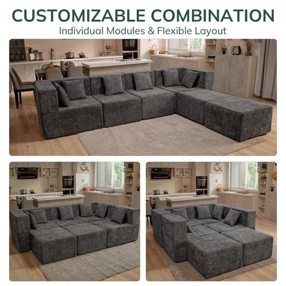 130" Oversized Modular Sectional Sofa for Living Room Furniture, Chenille Cloud Couch with Ottomans, Dark Gray