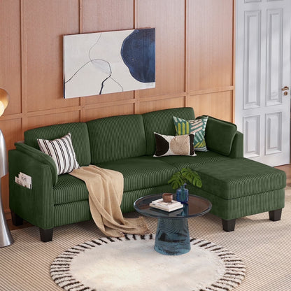 L-Shaped Sectional Couches for Living Room Furniture Sets,Modular Sectional Sofa with Ottaman Storage,High-Rebound Foam with Corduroy Fabric,Green