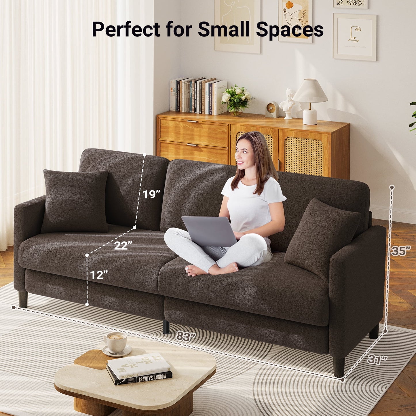 83" Sofa Couch for Living Room,Comfy Teddy Fleece Loveseat Sofa,Extra Deep Seat Couches , Tool-Free Setup Love Seat with 2 Pillows,Brown