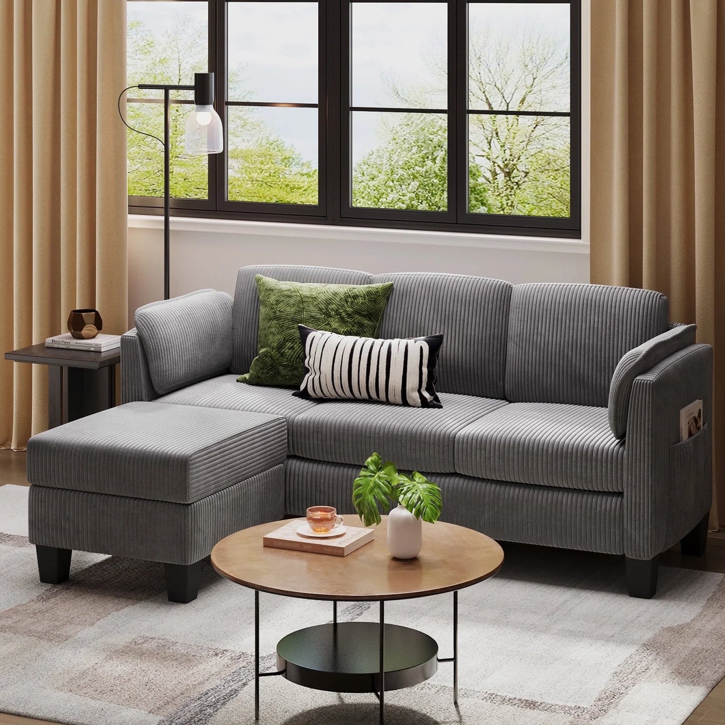 Corduroy Sectional Sofa Couches for Living Room, L-Shaped Modular Small Couch Convertible 3 Seater Sofa with Ottaman Storage,Gray