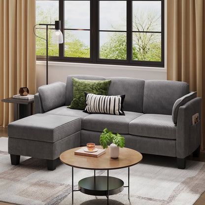 Corduroy Sectional Sofa Couches for Living Room, L-Shaped Modular Small Couch Convertible 3 Seater Sofa with Ottaman Storage,Gray