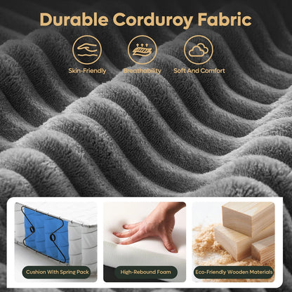 Corduroy Sectional Sofa Couches for Living Room, L-Shaped Modular Small Couch Convertible 3 Seater Sofa with Ottaman Storage,Gray