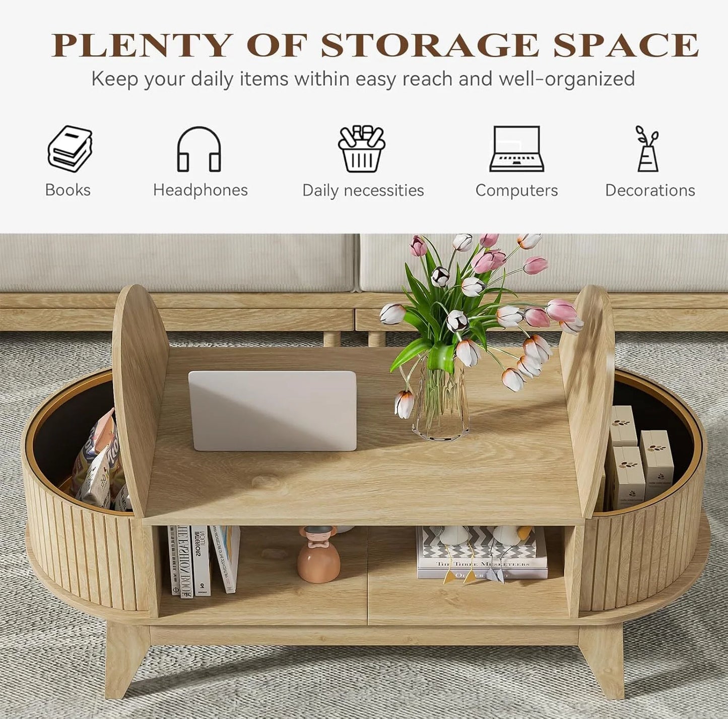 Fluted Coffee Table with Storage, Modern Coffee Tables, Wood Accent Center Table