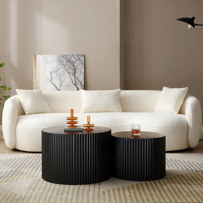 round Nesting Coffee Table Set of 2, Modern Wooden End Table for Living Room, Apartment, No Need Assembly, Black