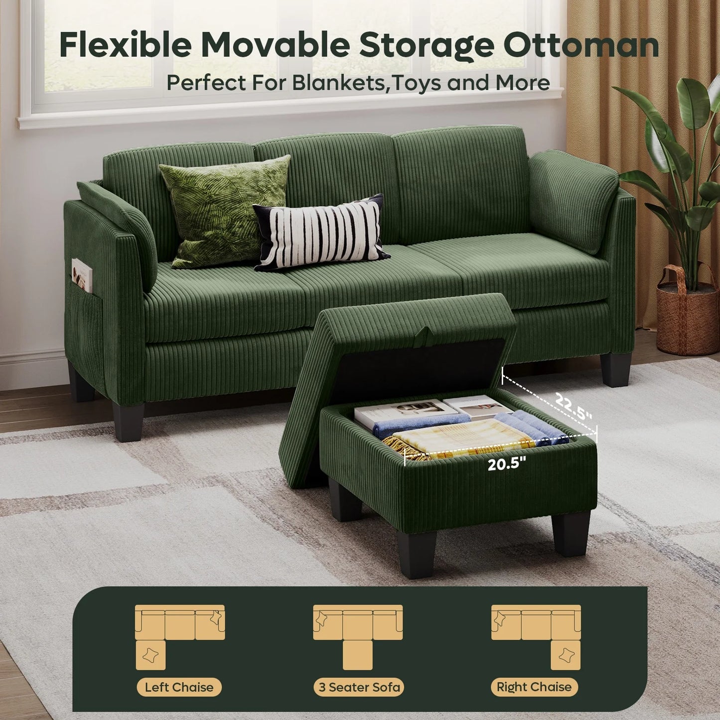 L-Shaped Sectional Couches for Living Room Furniture Sets,Modular Sectional Sofa with Ottaman Storage,High-Rebound Foam with Corduroy Fabric,Green
