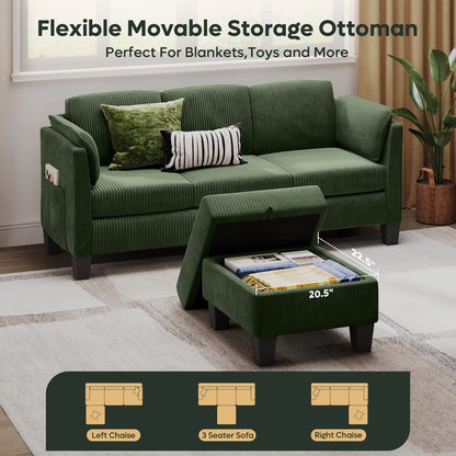L-Shaped Sectional Couches for Living Room Furniture Sets,Modular Sectional Sofa with Ottaman Storage,High-Rebound Foam with Corduroy Fabric,Green