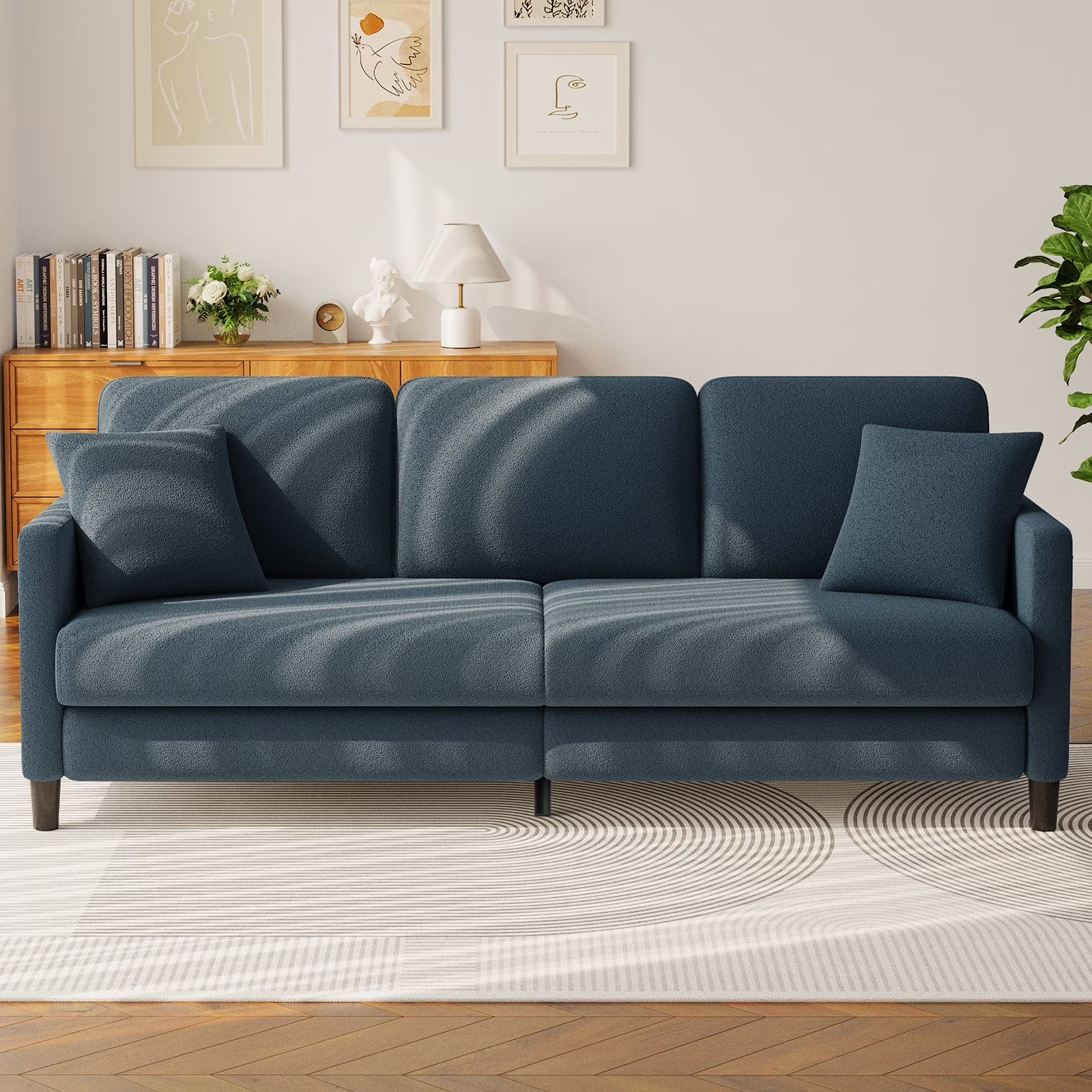 83" Sofa Couch for Living Room,Comfy Teddy Fleece Loveseat Sofa,Extra Deep Seat Couches , Tool-Free Setup Love Seat with 2 Pillows,Blue Grey