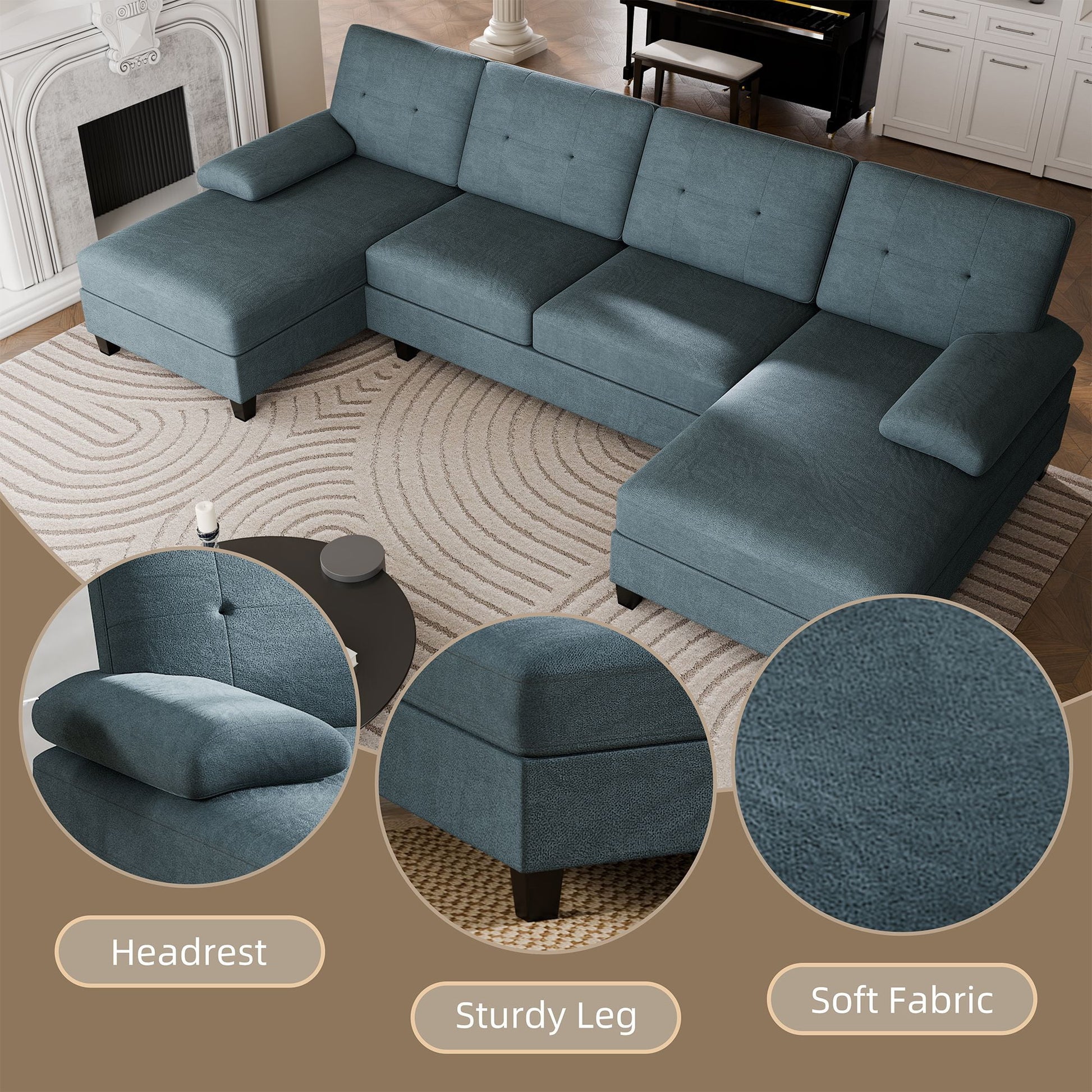 Modern U-Shape Sectional Sofa, Chenille Fabric Modular Couch, 4 Seat Oversized Sofa with Chaise for Living Room