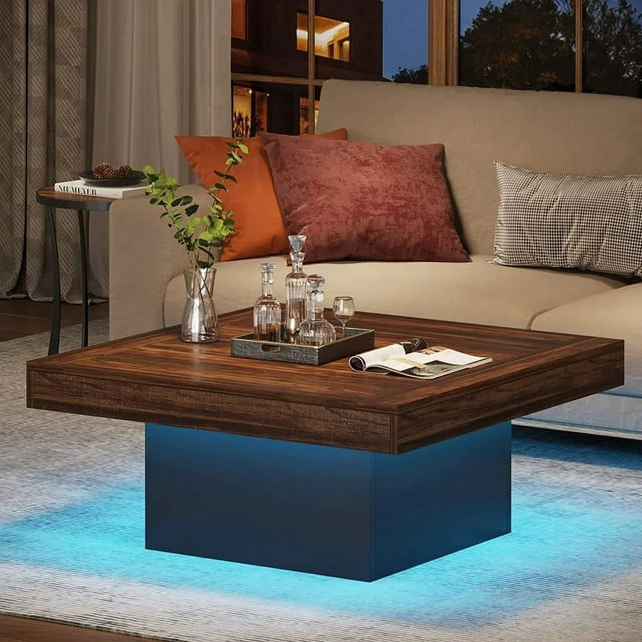 Squeare Coffee Table Modern LED Coffee Table Wood Coffee Table for Living Room Rustic Brown & Black Low Coffee Table