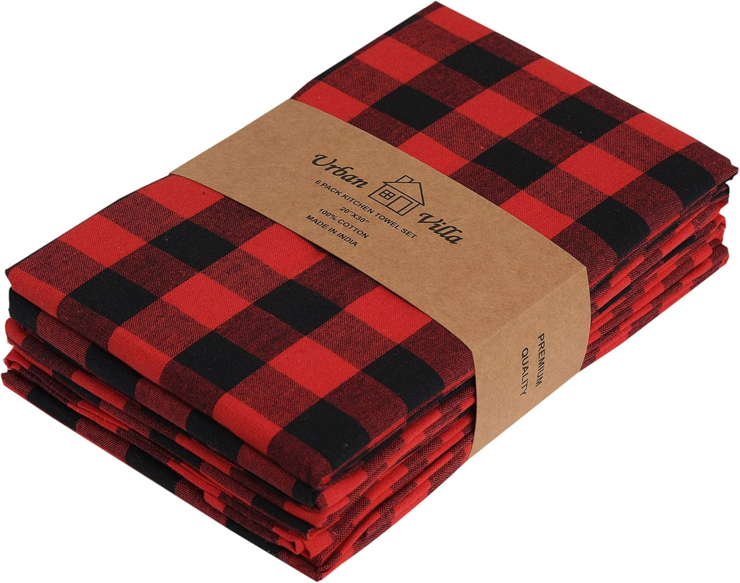 Buffalo Checks Kitchen Towels Set of 6 - Red/Black - 20X30 Inches - 100% Cotton - Highly Absorbent - Premium Quality - Ultra Soft - Mitered Corners