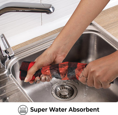Buffalo Checks Kitchen Towels Set of 6 - Red/Black - 20X30 Inches - 100% Cotton - Highly Absorbent - Premium Quality - Ultra Soft - Mitered Corners