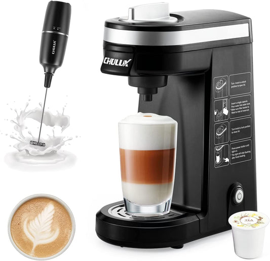 Single Serve Coffee Maker Brewer with Milk Frother,12Oz Personal Coffee Machine for Capsule Pod Ground Coffee,Fast Brew Tech for Coffee or Tea,Black