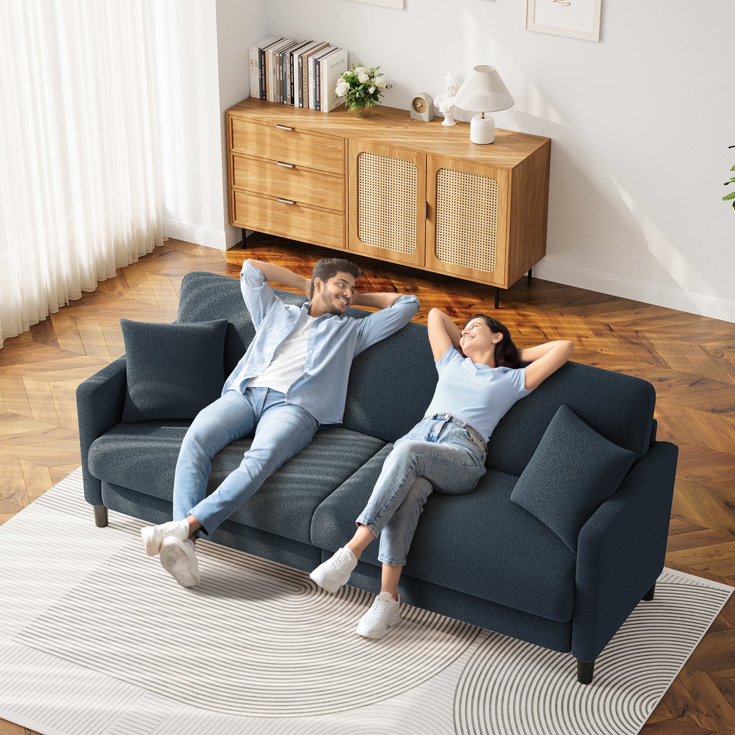 83" Sofa Couch for Living Room,Comfy Teddy Fleece Loveseat Sofa,Extra Deep Seat Couches , Tool-Free Setup Love Seat with 2 Pillows,Blue Grey