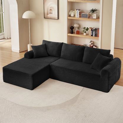 103" Modern Sectional Sofa,No Assemble Corduroy Fabric Cloud Couch Set with 3 Back Cushions & 2 Throw Pillows, Full-Compression Chaise Lounge Set for Apartment, Living Room,Black