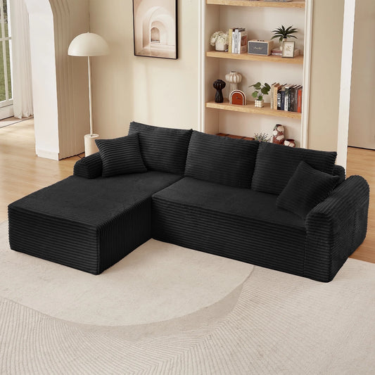 103" Modern Sectional Sofa,No Assemble Corduroy Fabric Cloud Couch Set with 3 Back Cushions & 2 Throw Pillows, Full-Compression Chaise Lounge Set for Apartment, Living Room,Black