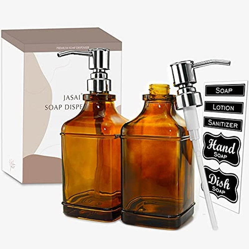 2Pack Paris Style Amber Soap Dispenser with Rust Proof Stainless Steel Pump, Refillable Kitchen Soap Dispenser with 6Pcs Stickers, Premium Hand Soap Dispenser for Kitchen Bathroom (Amber)