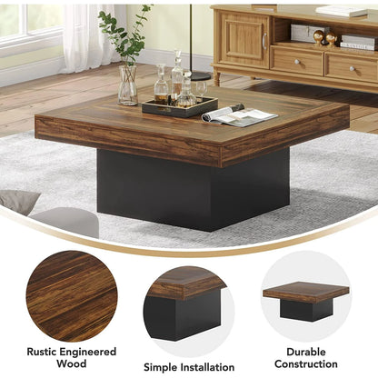 Squeare Coffee Table Modern LED Coffee Table Wood Coffee Table for Living Room Rustic Brown & Black Low Coffee Table