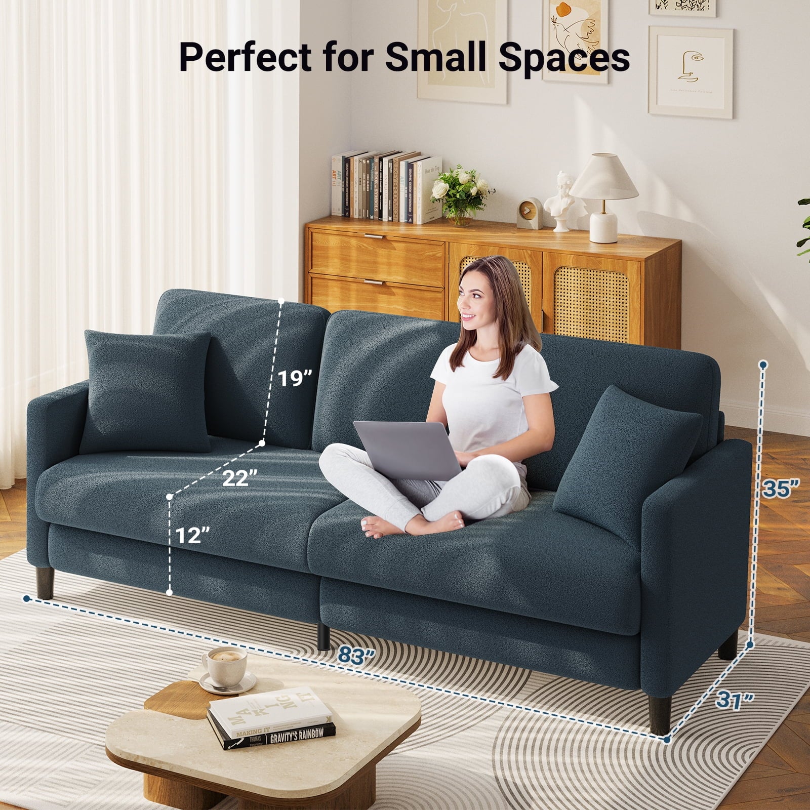 83" Sofa Couch for Living Room,Comfy Teddy Fleece Loveseat Sofa,Extra Deep Seat Couches , Tool-Free Setup Love Seat with 2 Pillows,Blue Grey