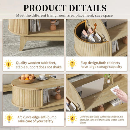 Fluted Coffee Table with Storage, Modern Coffee Tables, Wood Accent Center Table