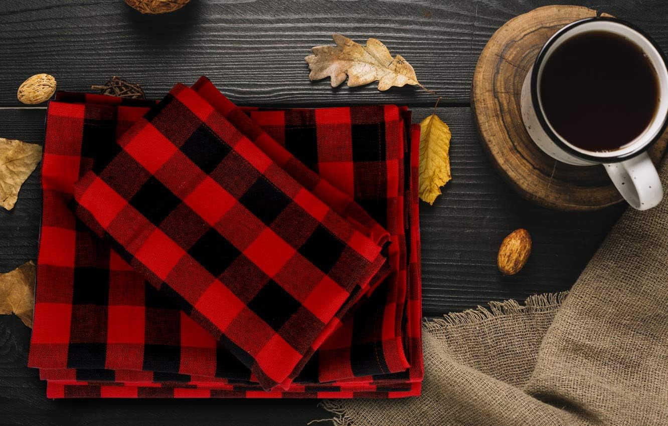 Buffalo Checks Kitchen Towels Set of 6 - Red/Black - 20X30 Inches - 100% Cotton - Highly Absorbent - Premium Quality - Ultra Soft - Mitered Corners