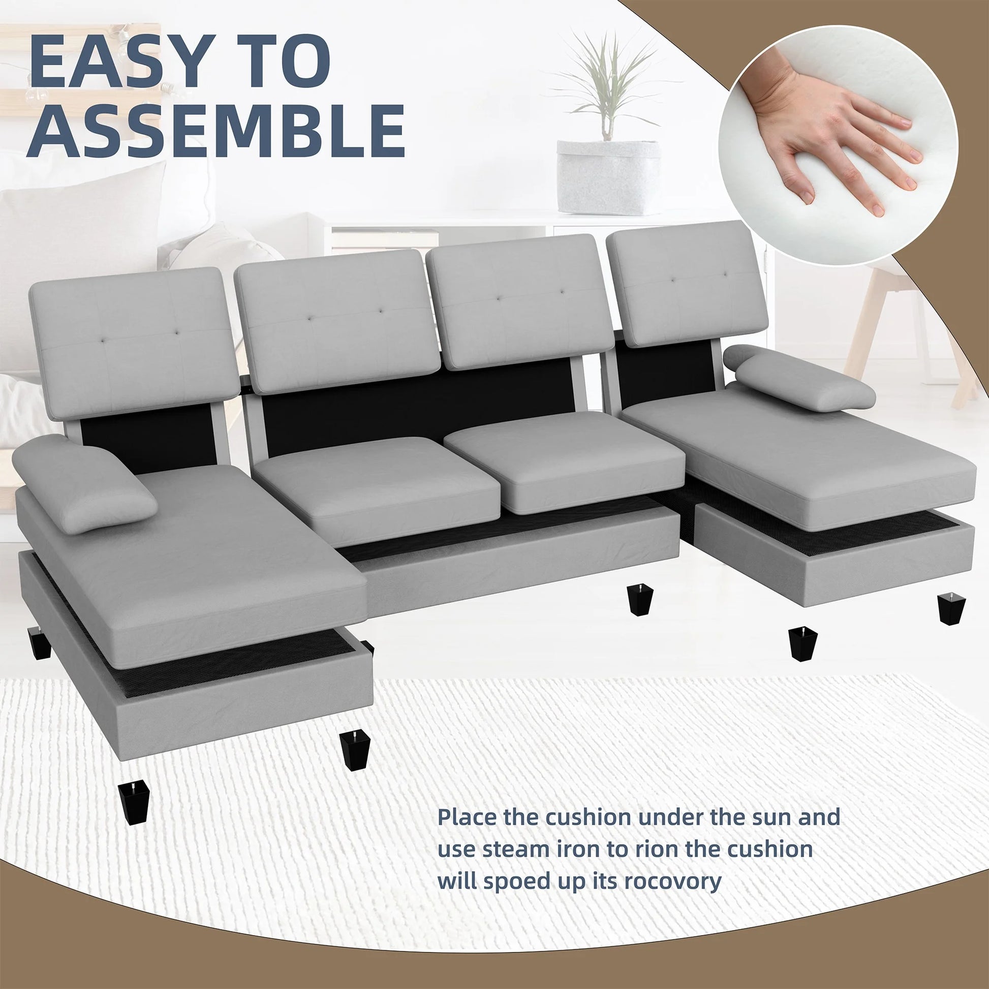 Modern U-Shape Sectional Sofa for Living Room, Chenille Fabric Modular Couch, 4 Seat Oversized Sofa with Chaise for Apartment,White