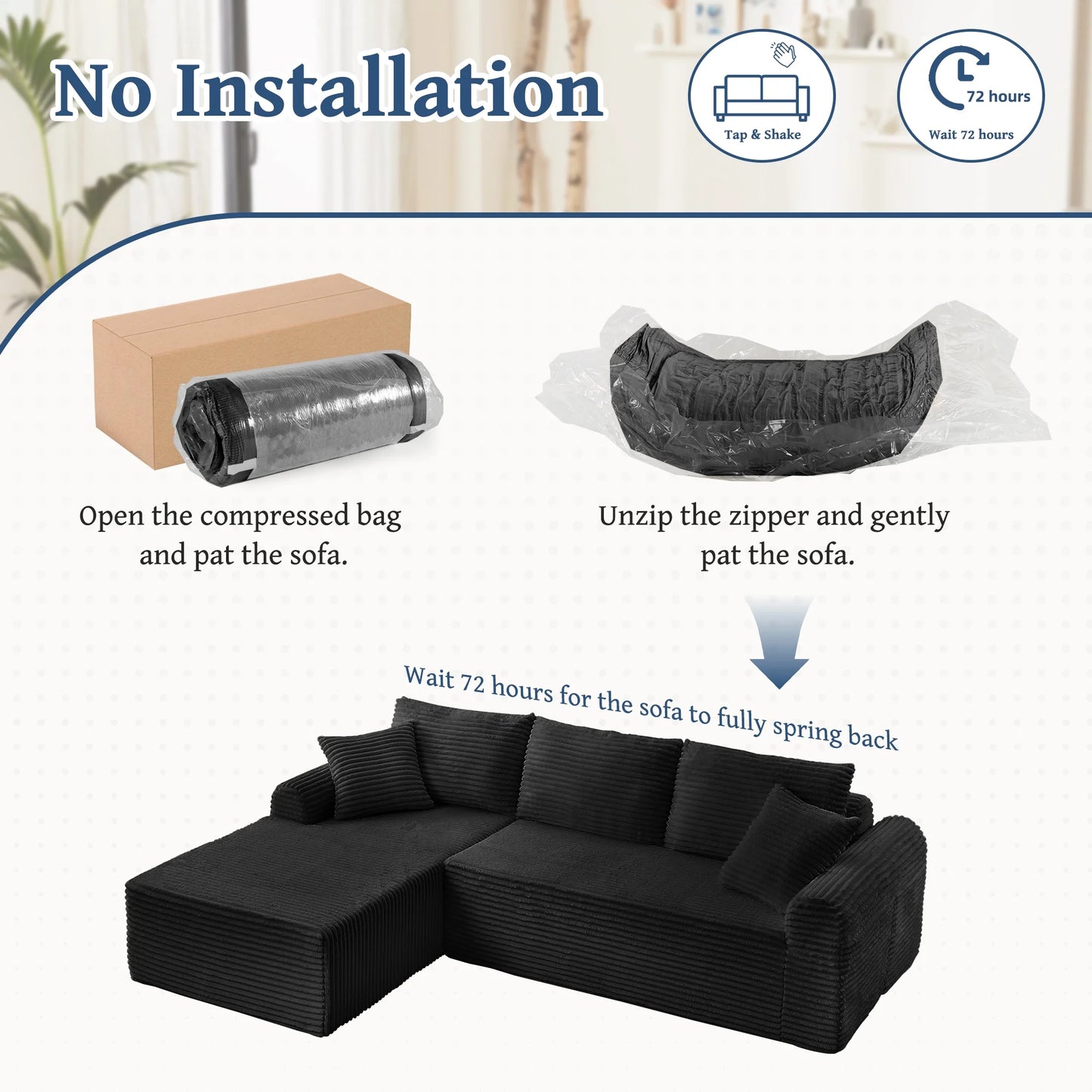 103" Modern Sectional Sofa,No Assemble Corduroy Fabric Cloud Couch Set with 3 Back Cushions & 2 Throw Pillows, Full-Compression Chaise Lounge Set for Apartment, Living Room,Black