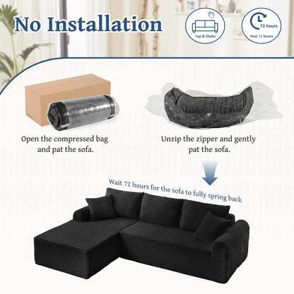 103" Modern Sectional Sofa,No Assemble Corduroy Fabric Cloud Couch Set with 3 Back Cushions & 2 Throw Pillows, Full-Compression Chaise Lounge Set for Apartment, Living Room,Black